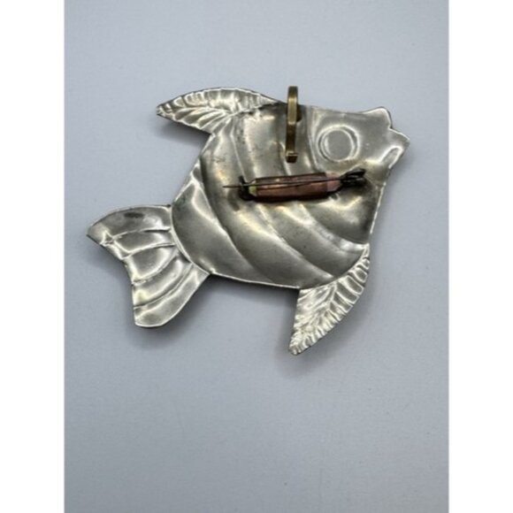Vintage Pendant And Brooch Fish In Silver Tone Whit Copper And Brass Extra Large - Picture 5 of 7